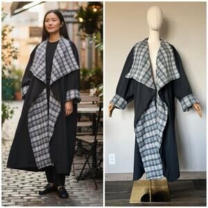 Vintage 80s Monika Turtle Black Plaid Contrast Oversized Coat OS Leganlook Boho